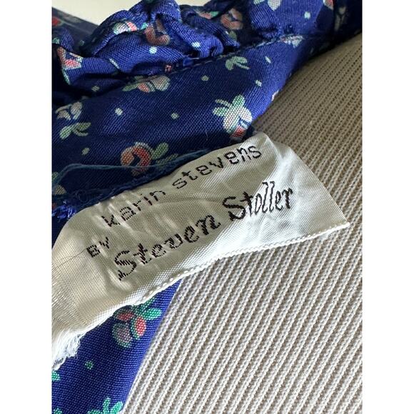 Vintage 80s Womens Midi Dress Size M 6-8 Blue Micro Floral Prt Prairie Dress - Picture 4 of 12